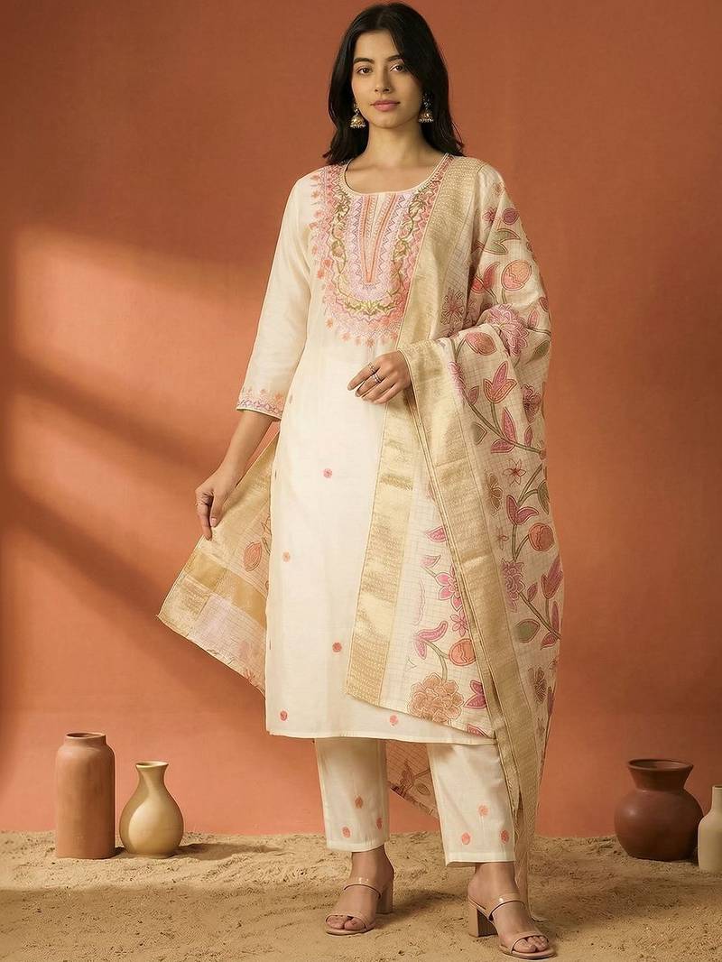 Women Ethnic Motifs Embroidered Regular Thread Work Kurta with Trousers & With Dupatta