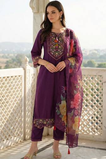 Women Floral Embroidered Regular Thread Work Liva Kurta with Trousers & With Dupatta