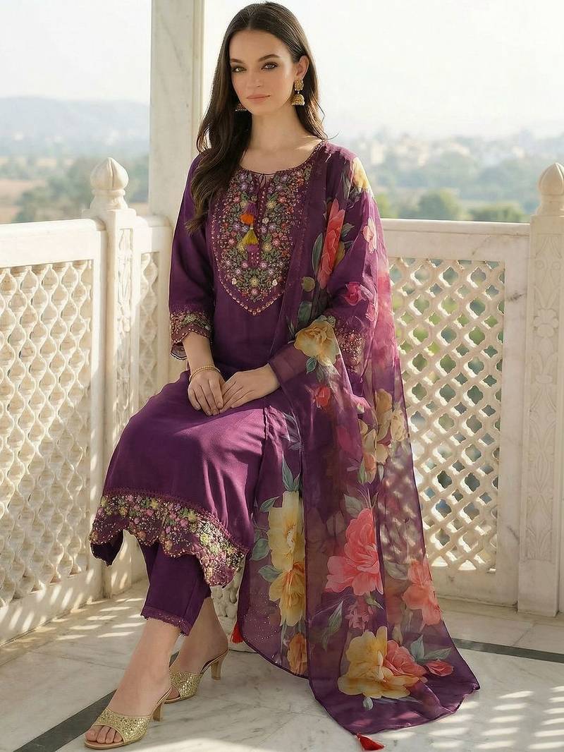 Women Floral Embroidered Regular Thread Work Liva Kurta with Trousers & With Dupatta