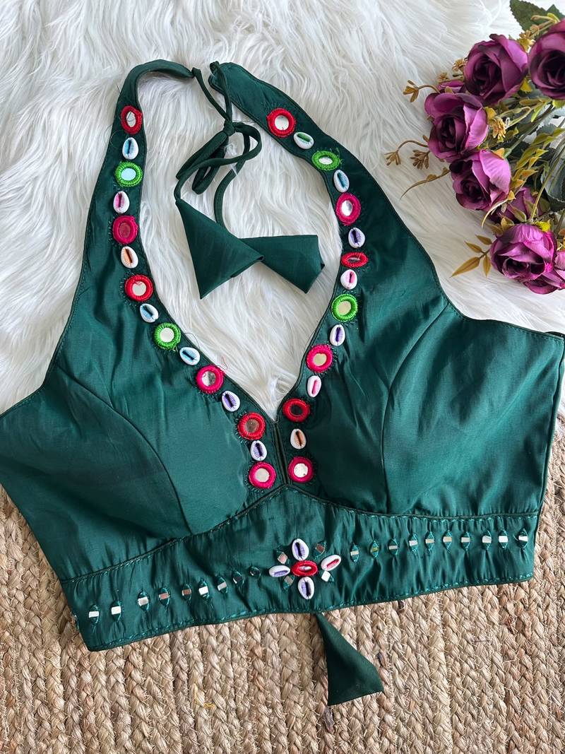 Green roman silk blend real mirror work blouse