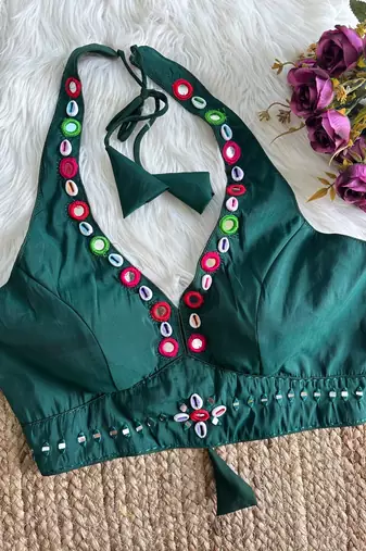 Green roman silk blend real mirror work blouse