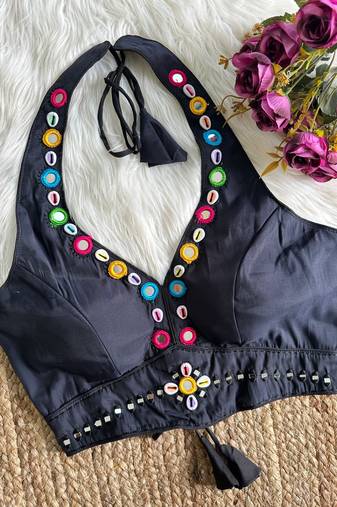 Black roman silk blend real mirror work blouse