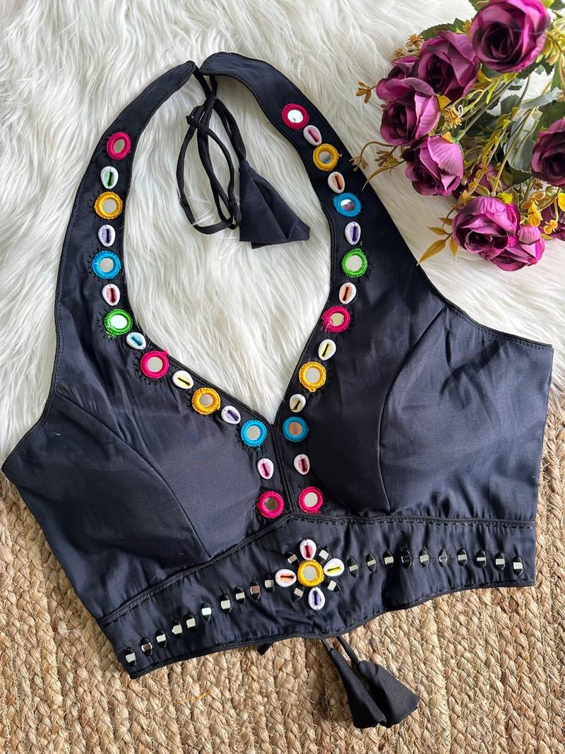 Black roman silk blend real mirror work blouse