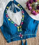 Teal blue roman silk blend real mirror work blouse
