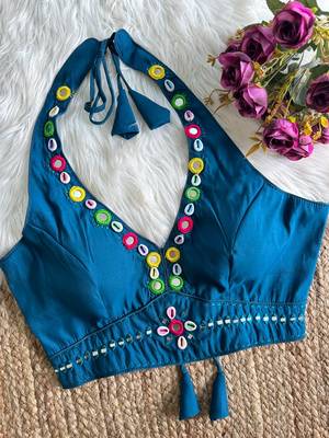 Teal blue roman silk blend real mirror work blouse 2