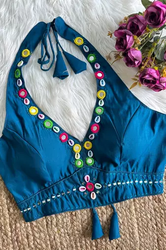 Teal blue roman silk blend real mirror work blouse