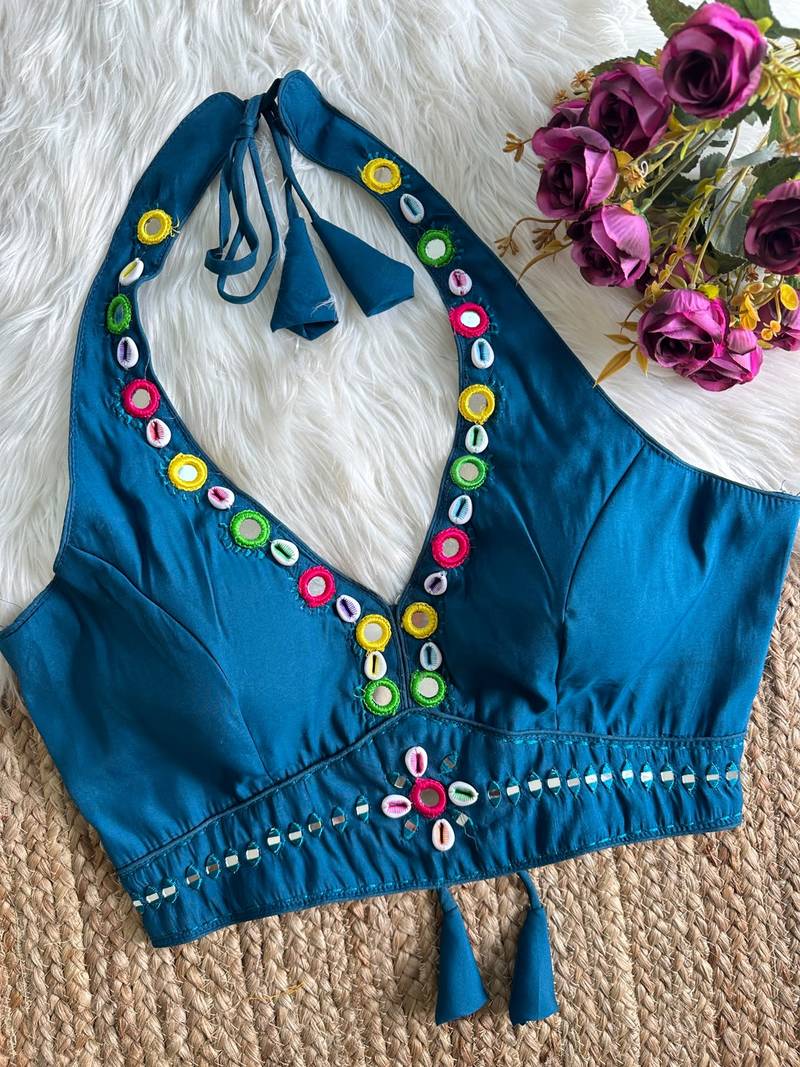 Teal blue roman silk blend real mirror work blouse