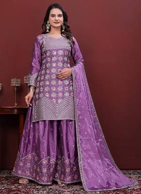 Lavender silk embroidered sharara suit set with dupatta 1