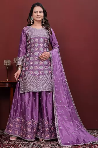 Lavender silk embroidered sharara suit set with dupatta