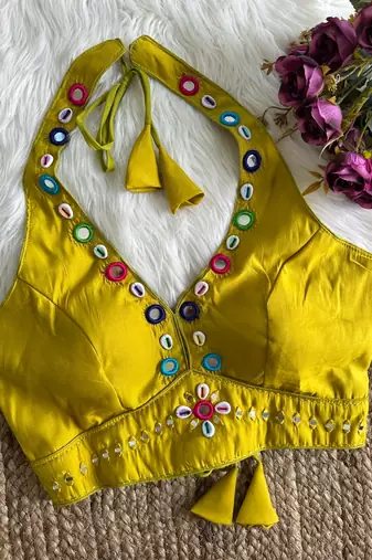 Yellow roman silk blend real mirror work blouse
