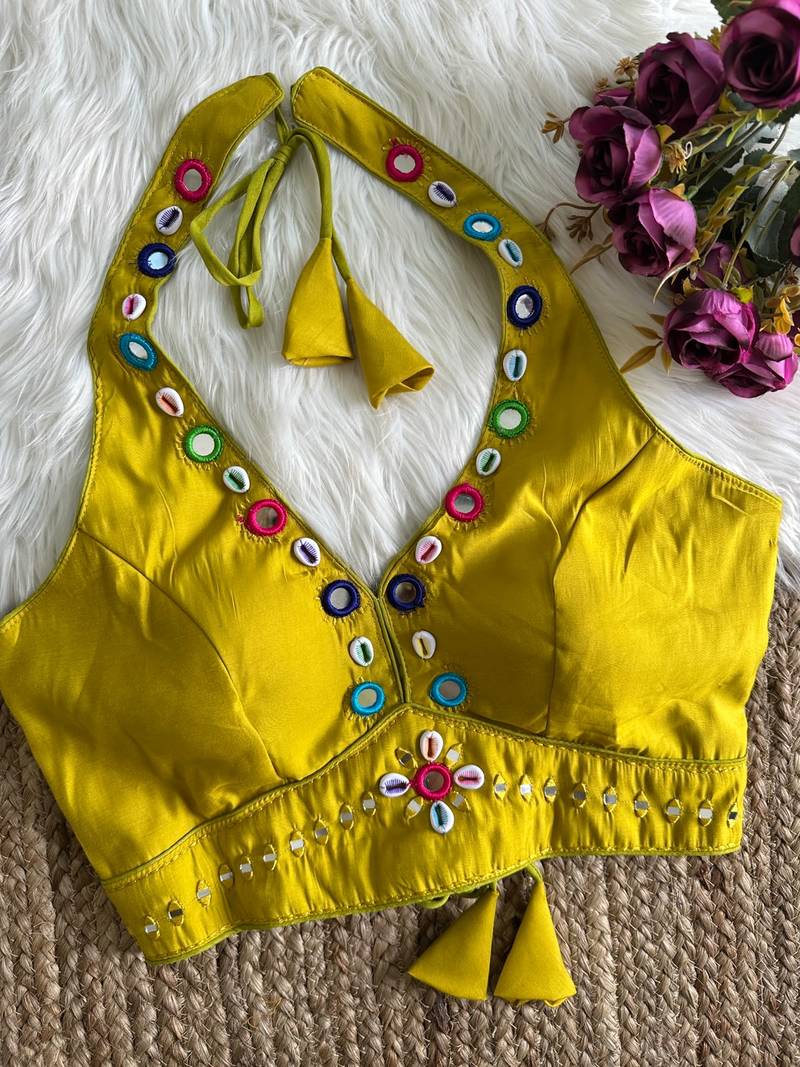 Yellow roman silk blend real mirror work blouse