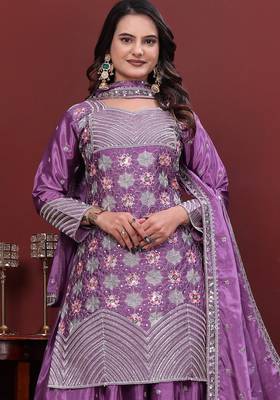 Lavender silk embroidered sharara suit set with dupatta 2
