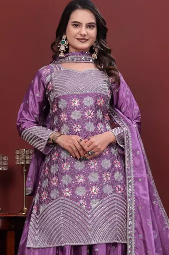 Lavender silk embroidered sharara suit set with dupatta
