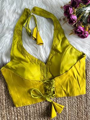 Yellow roman silk blend real mirror work blouse 2