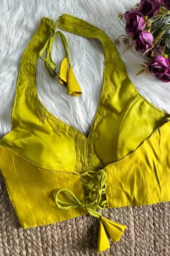 Yellow roman silk blend real mirror work blouse
