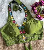 Olive roman silk blend real mirror work blouse