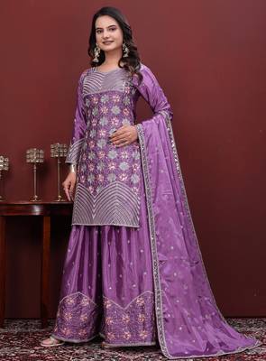 Lavender silk embroidered sharara suit set with dupatta 3