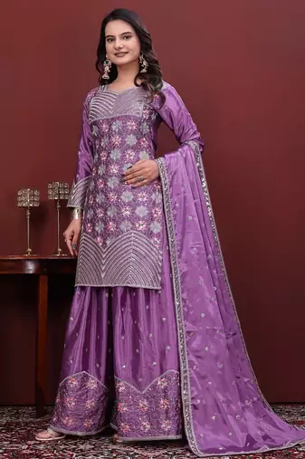 Lavender silk embroidered sharara suit set with dupatta