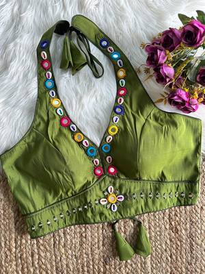 Olive roman silk blend real mirror work blouse 2