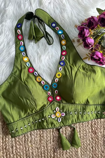 Olive roman silk blend real mirror work blouse
