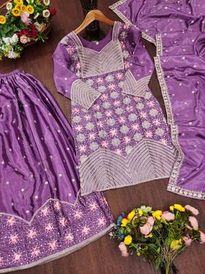 Lavender silk embroidered sharara suit set with dupatta 4