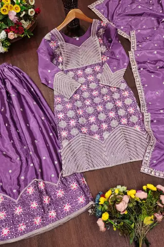 Lavender silk embroidered sharara suit set with dupatta