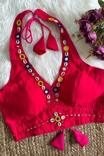 Red roman silk blend real mirror work blouse