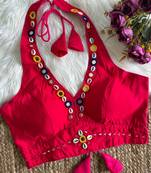 Red roman silk blend real mirror work blouse