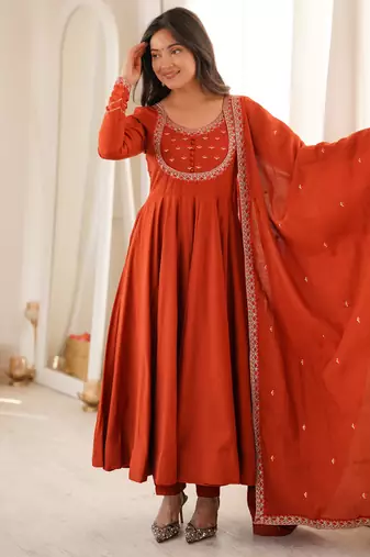 Rust orange embroidered anarkali suit set with dupatta
