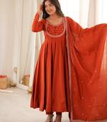 Rust orange embroidered anarkali suit set with dupatta