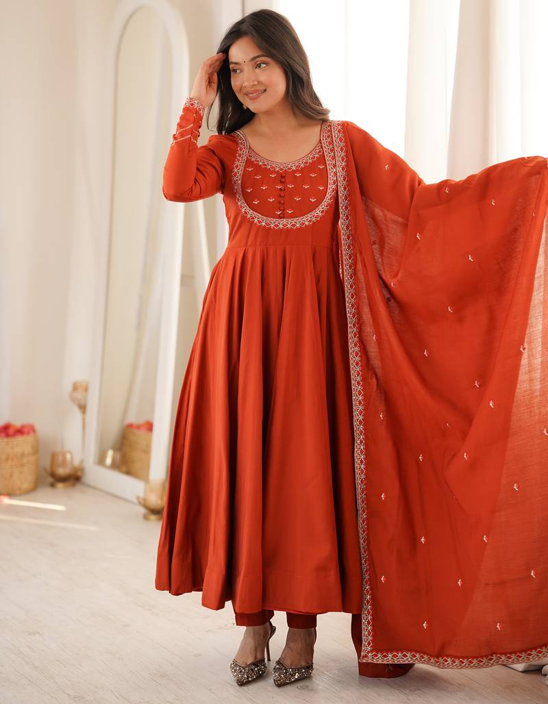 Rust orange embroidered anarkali suit set with dupatta