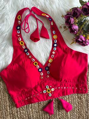 Red roman silk blend real mirror work blouse 2