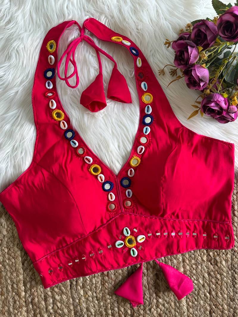 Red roman silk blend real mirror work blouse