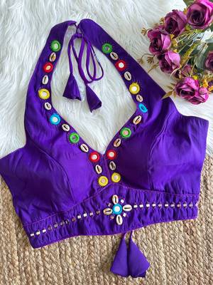Purple roman silk blend real mirror work blouse 1