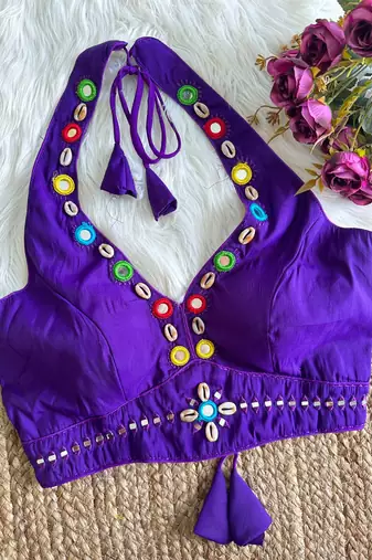 Purple roman silk blend real mirror work blouse