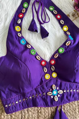Purple roman silk blend real mirror work blouse