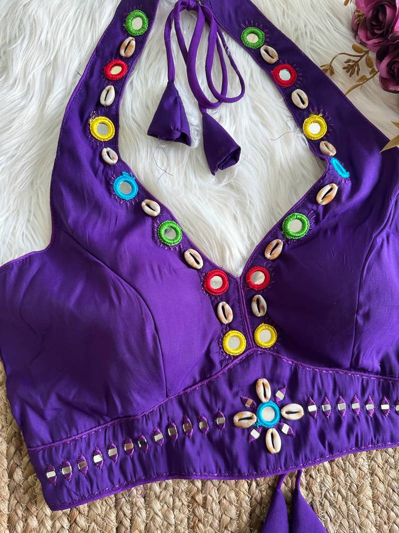 Purple roman silk blend real mirror work blouse