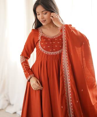 Rust orange embroidered anarkali suit set with dupatta 2