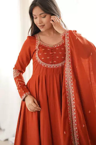 Rust orange embroidered anarkali suit set with dupatta