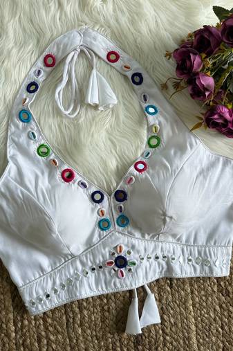 White roman silk blend real mirror work blouse