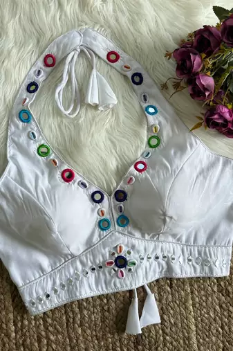 White roman silk blend real mirror work blouse