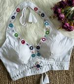 White roman silk blend real mirror work blouse