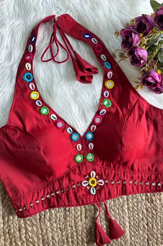 Wine roman silk blend real mirror work blouse