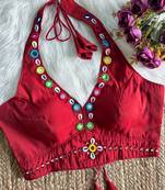 Wine roman silk blend real mirror work blouse