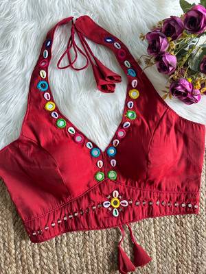 Wine roman silk blend real mirror work blouse 2