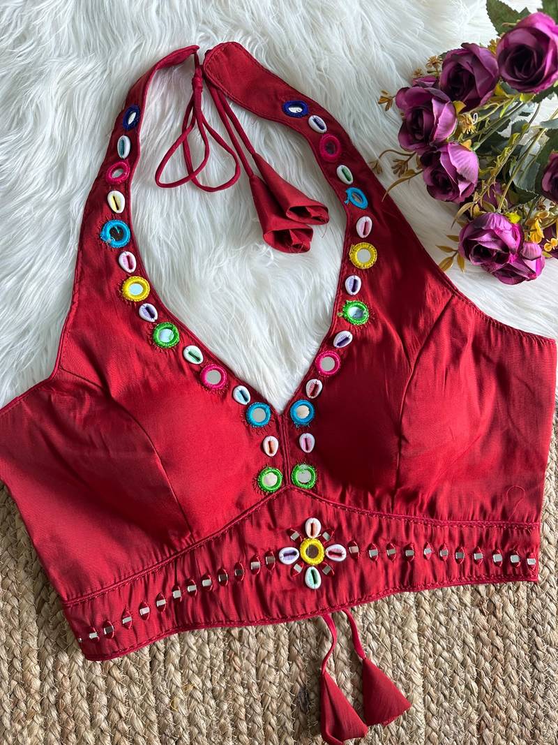 Wine roman silk blend real mirror work blouse