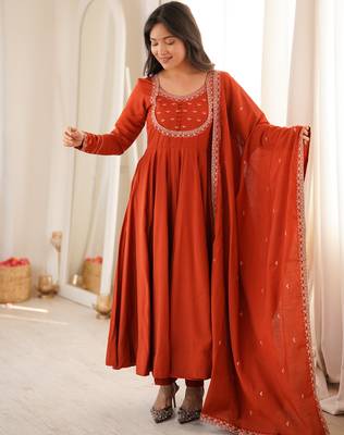 Rust orange embroidered anarkali suit set with dupatta 3