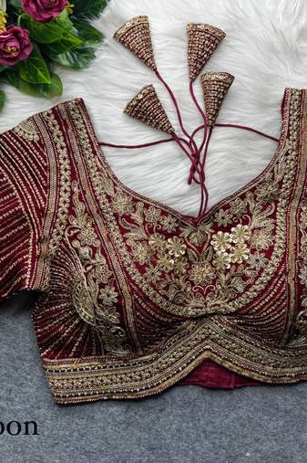 Maroon pure italian apple cut jari cording sequins work blouse