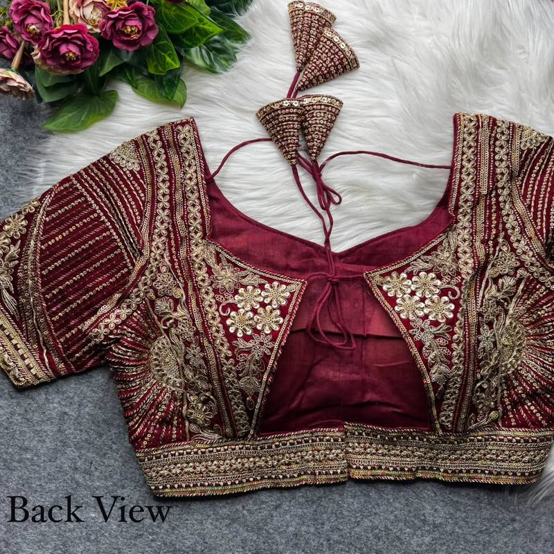 Maroon pure italian apple cut jari cording sequins work blouse