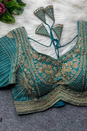 Teal green pure italian apple cut jari cording sequins work blouse